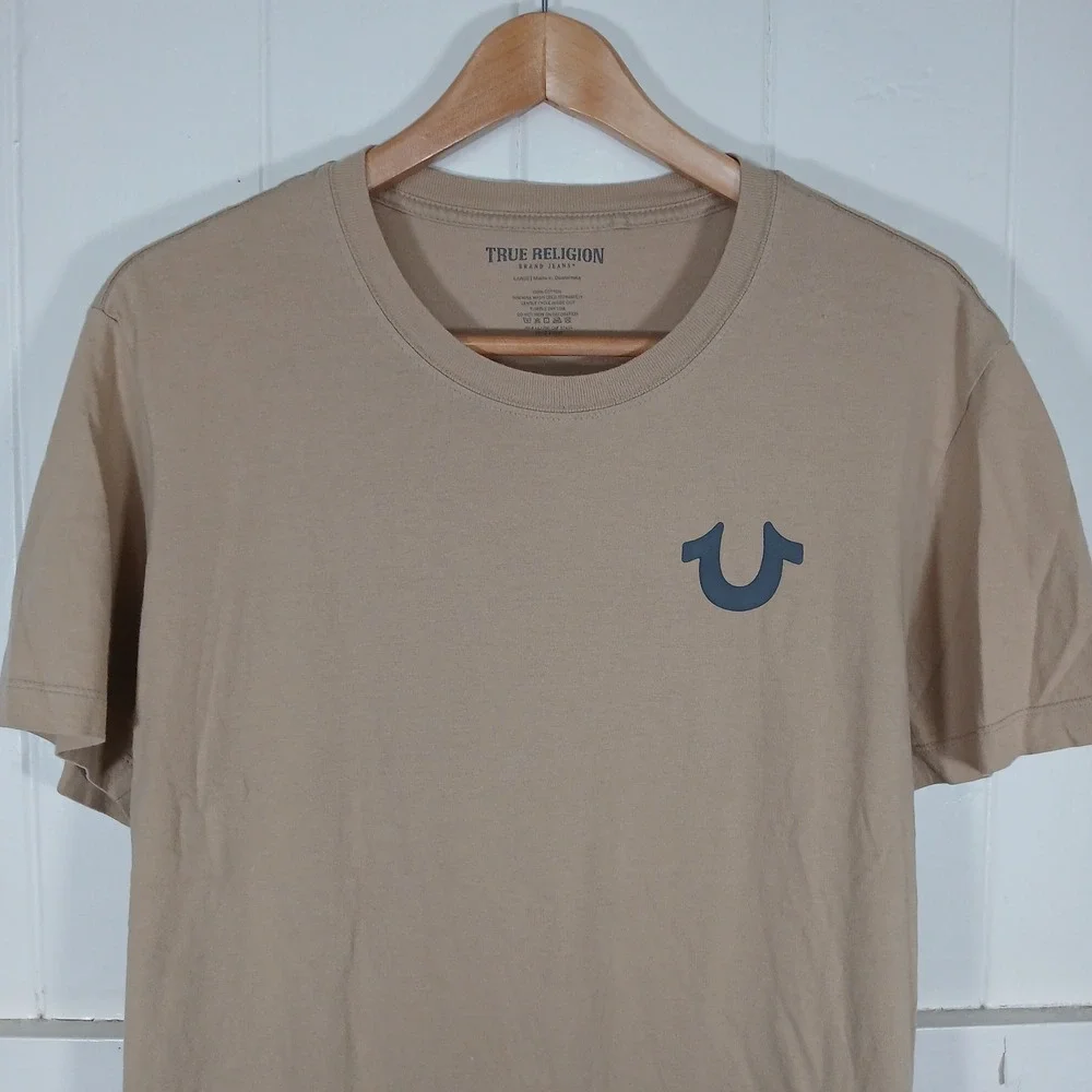 True Religion T-Shirt Mens Large Tan Buddha Graphic Logo Crew Neck Tee SS